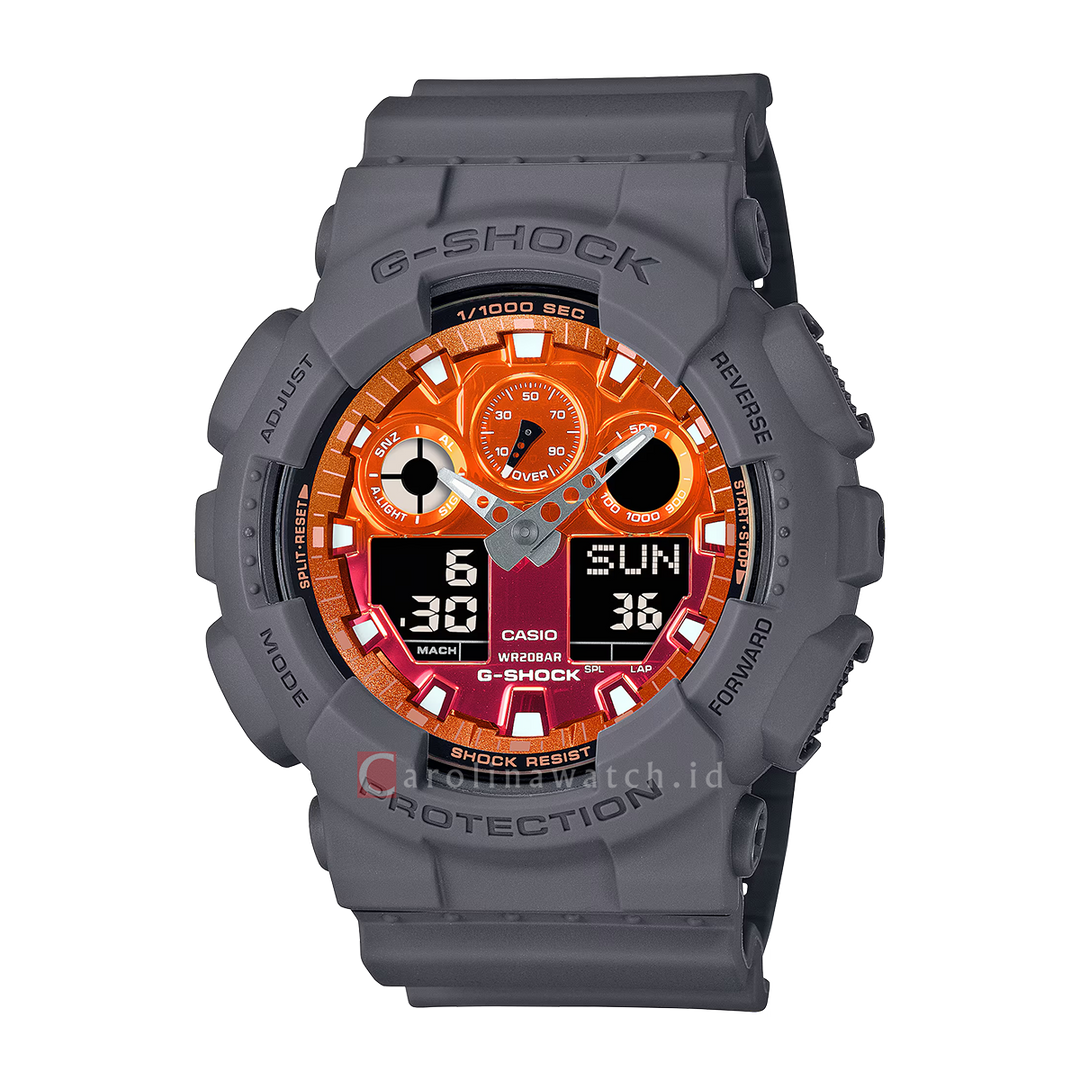 Jam Tangan Casio G-Shock GA-100FL-8A Men Orange Digital Analog Dial Grey Resin Band