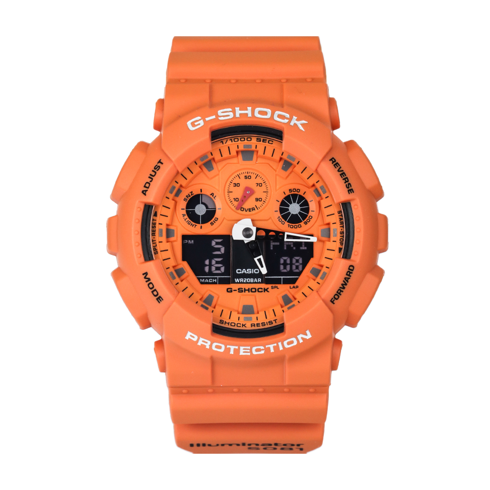 Jam Tangan Casio G-Shock GA-100RS-4A Men Orange Digital Analog Dial Orange Resin Band