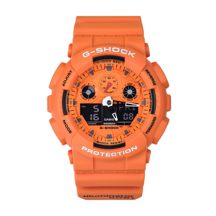 Jam Tangan Casio G-Shock GA-100RS-4A Men Orange Digital Analog Dial Orange Resin Band