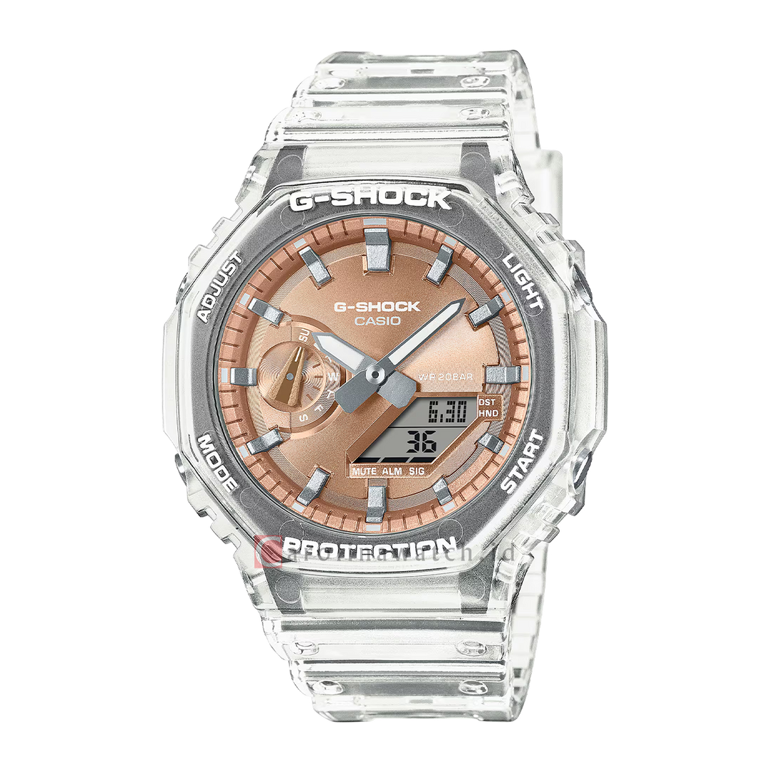 Jam Tangan Casio G-Shock Bright Metalic Series GA-2100BM-7A5 Men CasiOak Rose Gold Digital Analog Dial Transparent Resin Band