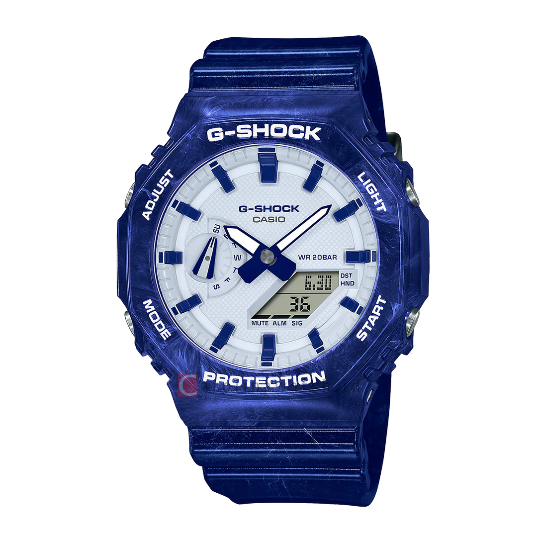 Jam Tangan CASIO G SHOCK GA-2100BWP-2A Men White Digital Analog Dial Blue Resin Band