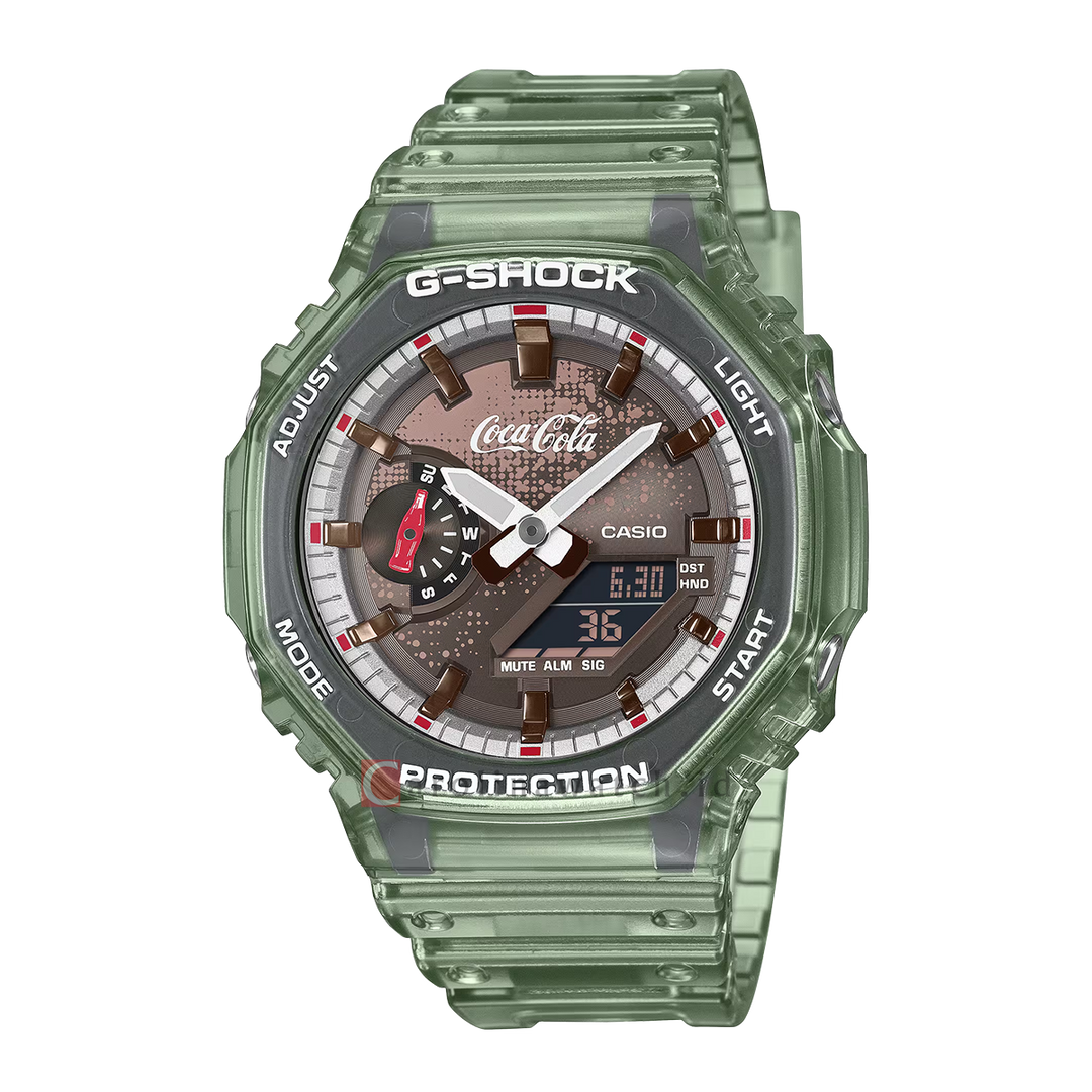 Jam Tangan CASIO G-SHOCK x Coca Cola GA-2100CC-3A Men 140th Anniversary Digital Analog Dial Green Resin Band