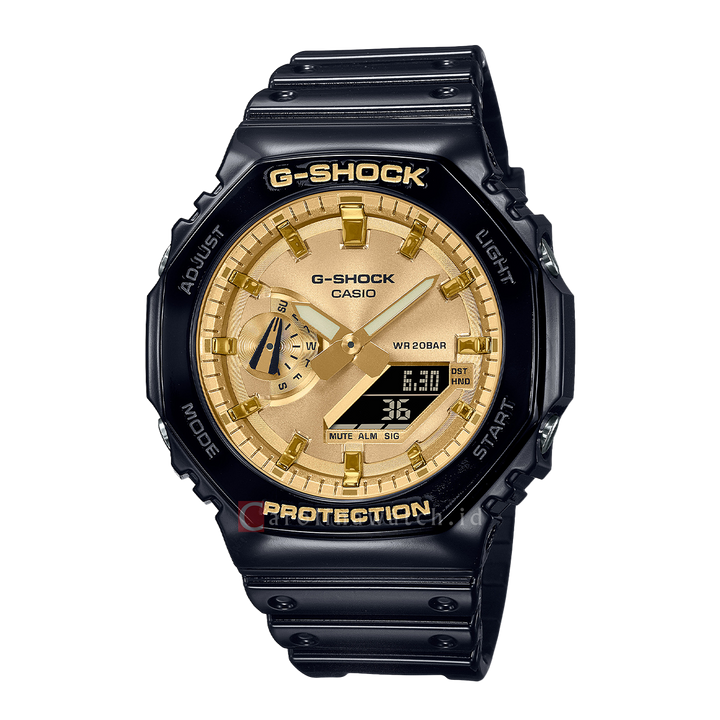 Jam Tangan Casio G-Shock GA-2100GB-1A CasiOak Men Gold Digital Analog Dial Black Resin Band