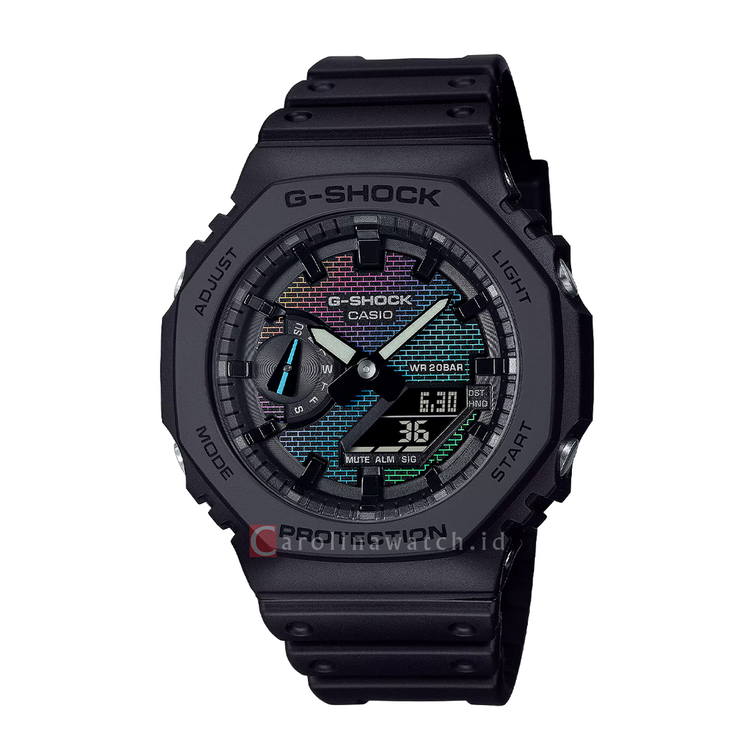 Jam Tangan Casio G-Shock GA-2100RW-1A Men Rainbow Brick Wall Digital Analog Dial Black Resin Band