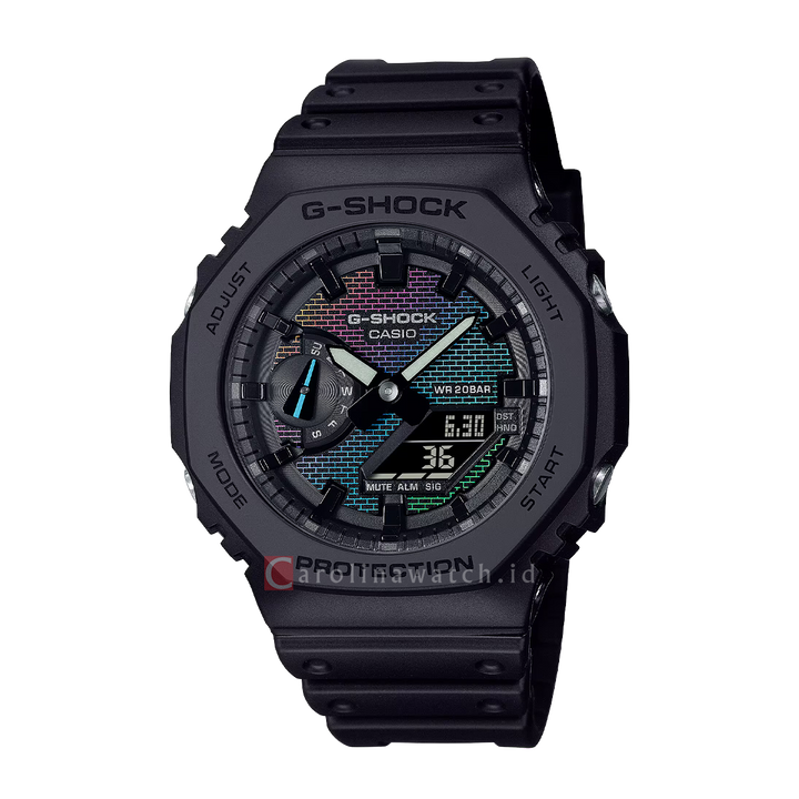 Jam Tangan Casio G-Shock GA-2100RW-1A Men Rainbow Brick Wall Digital Analog Dial Black Resin Band