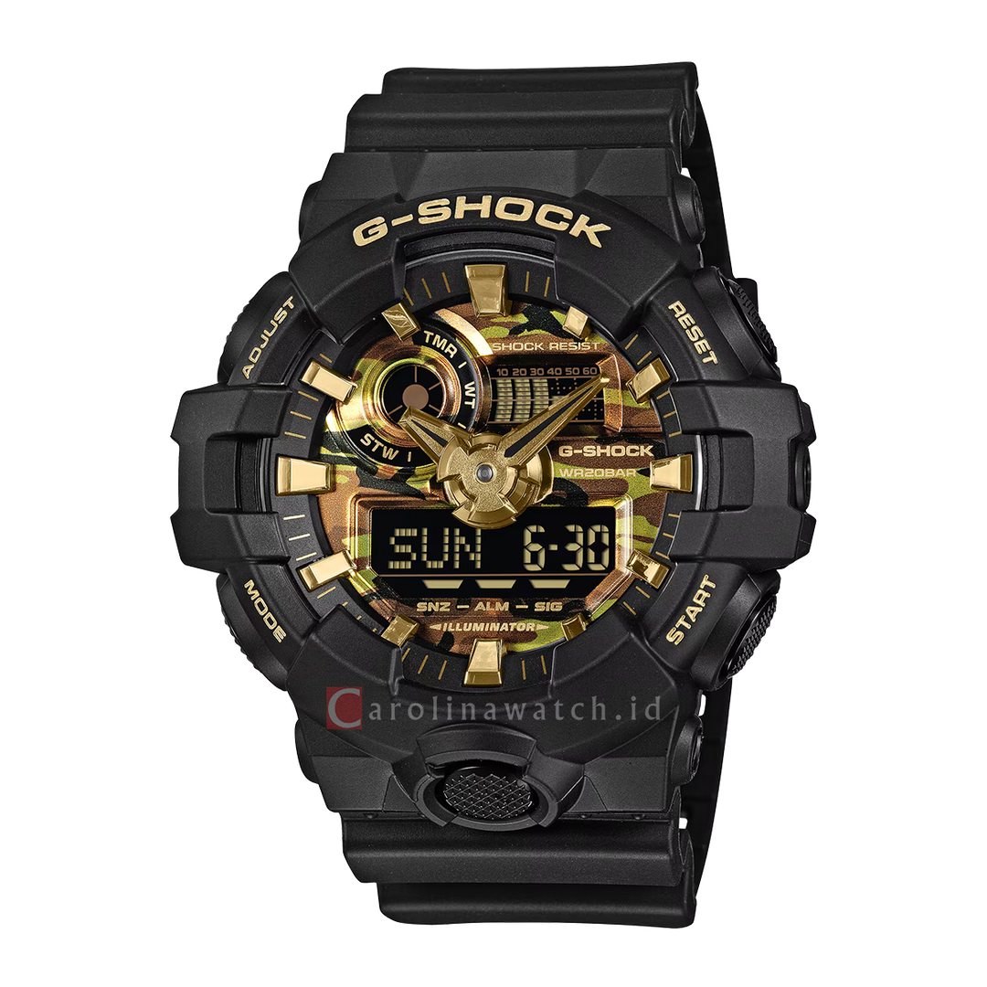 Jam Tangan Casio G-Shock THICK CAMOUFLAGE SERIES GA-700CF-1A Men Camouflage and Gold Dial Black Resin Band