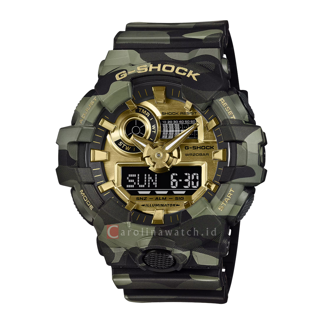 Jam Tangan Casio G-Shock THICK CAMOUFLAGE SERIES GA-700CMG-3A Men Gold Dial Camouflage and Gold Resin Band