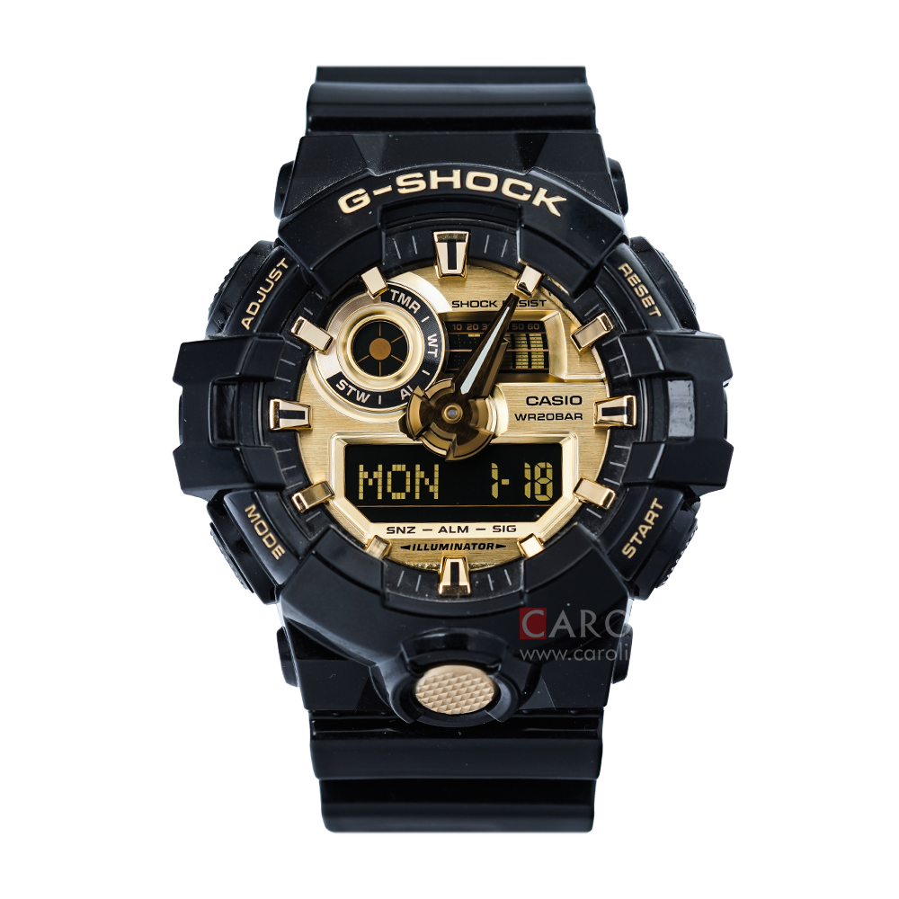 Jam Tangan CASIO G SHOCK GA-710GB-1A Men Garish Color Series Analog Digital Dial Black Resin Band