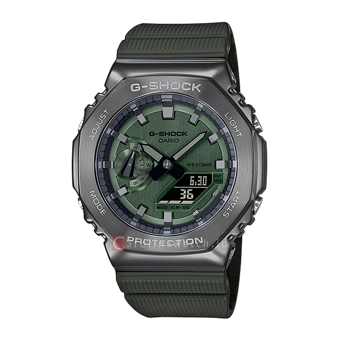 Jam Tangan CASIO G SHOCK GM-2100B-3A Men CasiOak Metal Covered Green Digital Analog Dial Green Resin Band