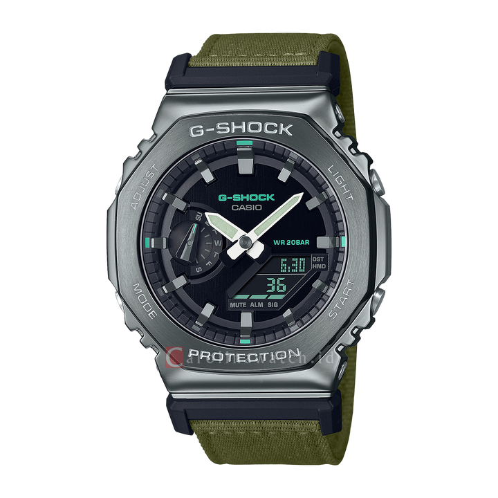 Jam Tangan CASIO G SHOCK GM-2100CB-3A Men Black Digital Analog Dial Green Fabric Band