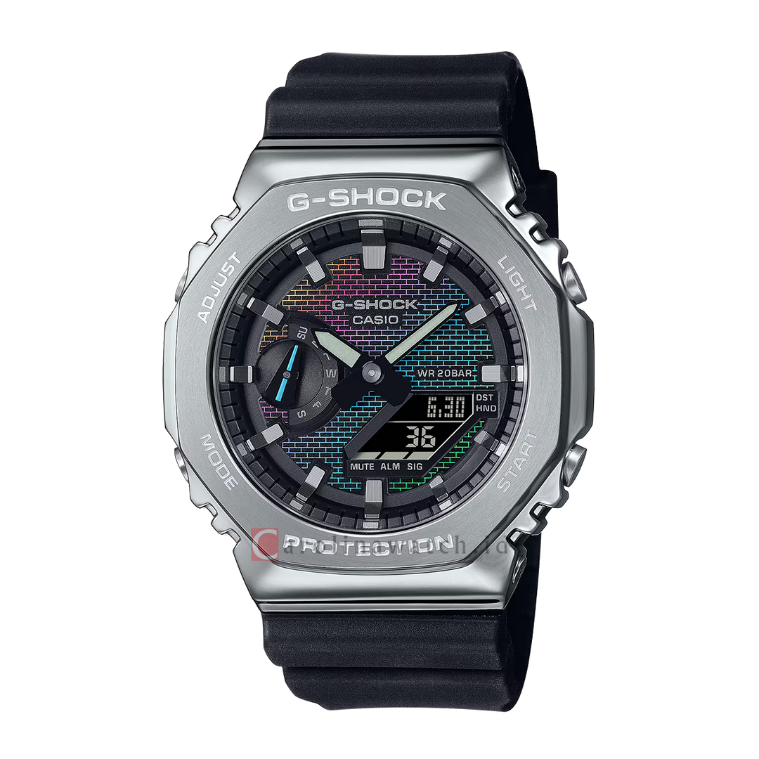 Jam Tangan CASIO G SHOCK GM-2100RW-1A Men CasiOak Rainbow Brick Wall Analog Digital Dial Black Resin Band