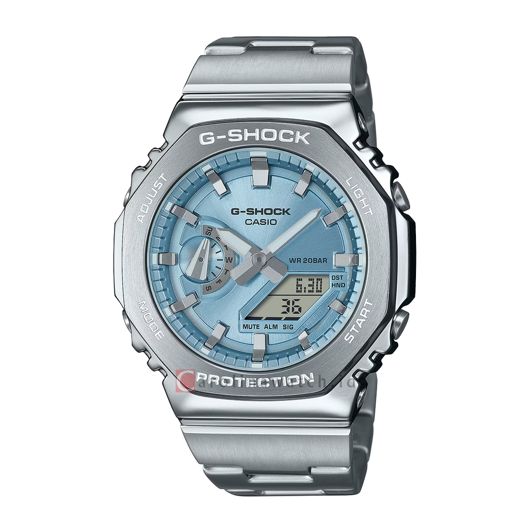 Jam Tangan Casio G SHOCK GM-2110D-2A Men Sky Blue Digital Analog Dial Stainless Steel band