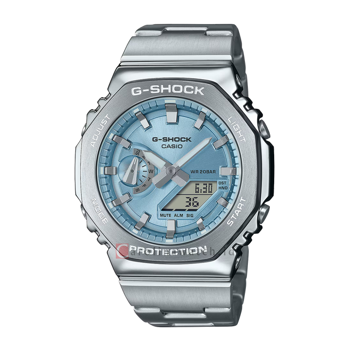 Jam Tangan Casio G SHOCK GM-2110D-2A Men Sky Blue Digital Analog Dial Stainless Steel band