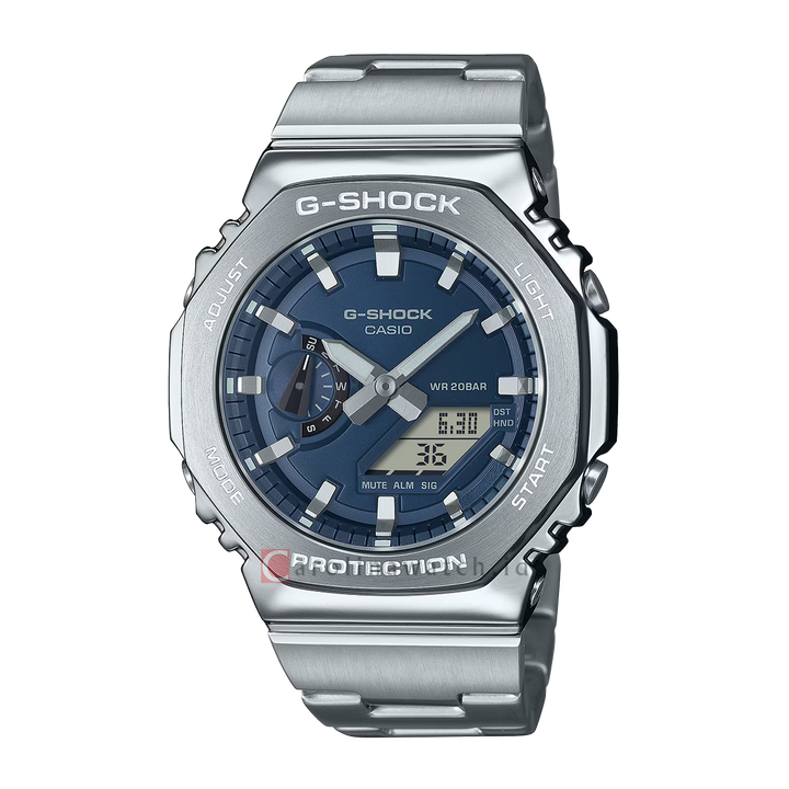 Jam Tangan Casio G SHOCK GM-2110D-2B Men Navy Blue Digital Analog Dial Grey Stainless Steel band