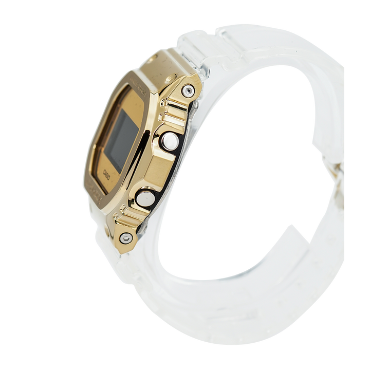 Jam Tangan CASIO G SHOCK GM-5600SG-9D Square Metal Covered Skeleton Men Gold Digital Dial Clear Resin Band