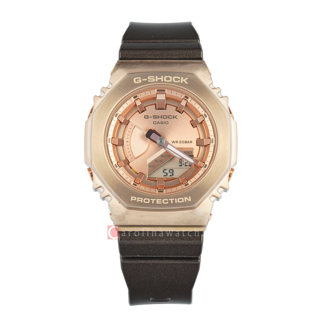 Jam Tangan Casio G-Shock GM-S2100CB-5A Women Rose Gold Digital Analog Dial Brown Resin Band