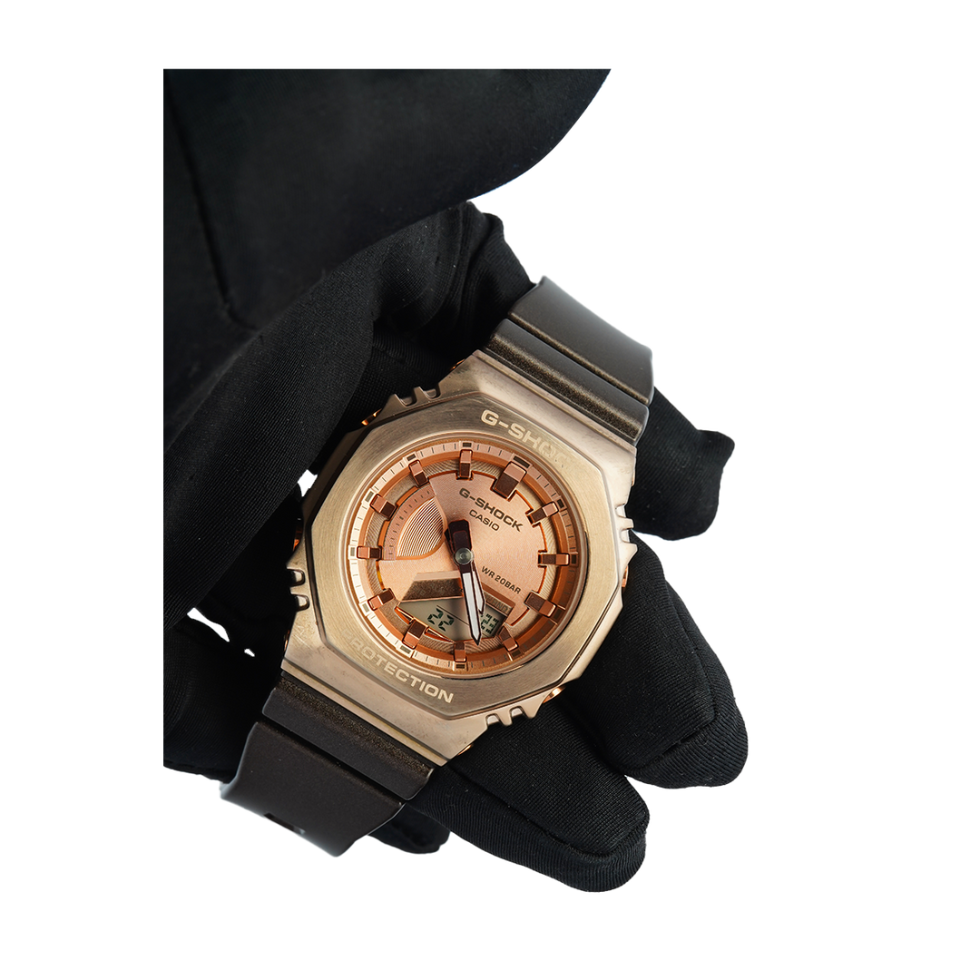 Jam Tangan Casio G-Shock GM-S2100CB-5A Women Rose Gold Digital Analog Dial Brown Resin Band