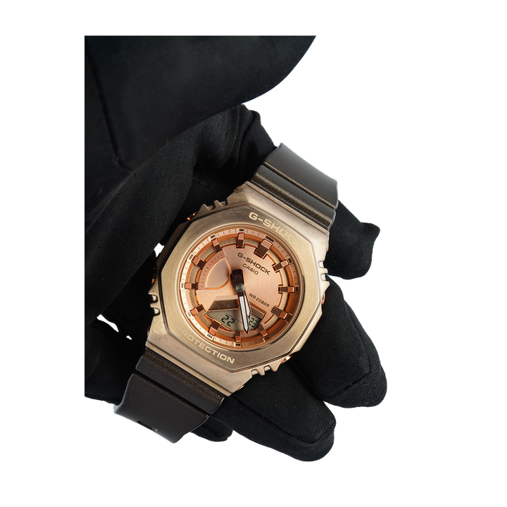 Jam Tangan Casio G-Shock GM-S2100CB-5A Women Rose Gold Digital Analog Dial Brown Resin Band