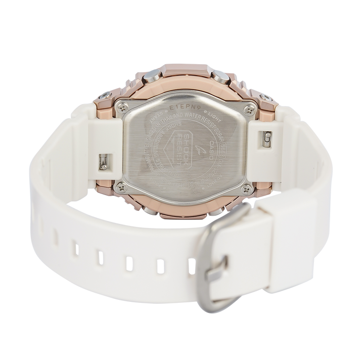 Jam Tangan Casio G-Shock GM-S2100CW-7A Women Gold Digital Analog Dial White Resin Band