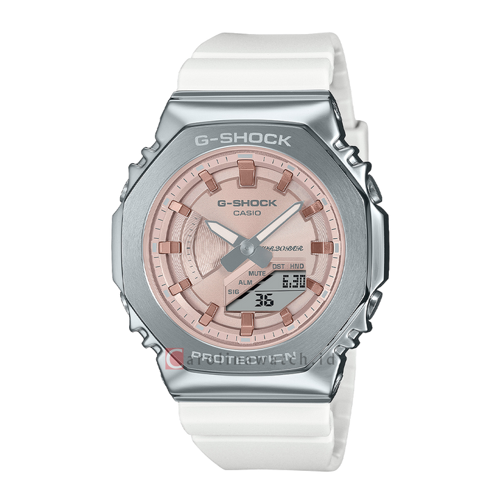 Jam Tangan Casio G-Shock GM-S2100WS-7A Seasonal Collection Women Salmon Pink Digital Analog Dial White Resin Band