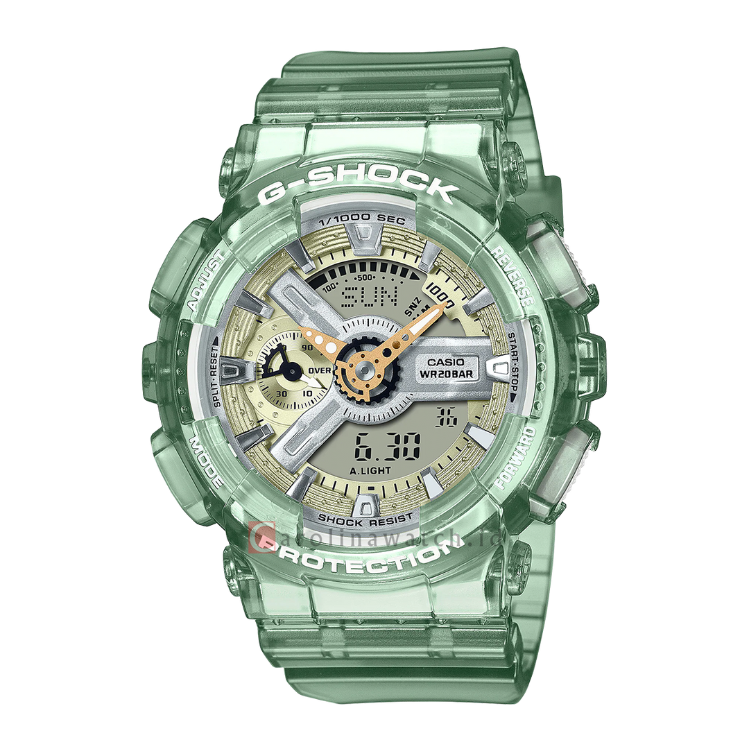 Jam Tangan Casio G-Shock GMA-S110GS-3A Women Silver Digital Analog Dial Transparent Green Resin Band