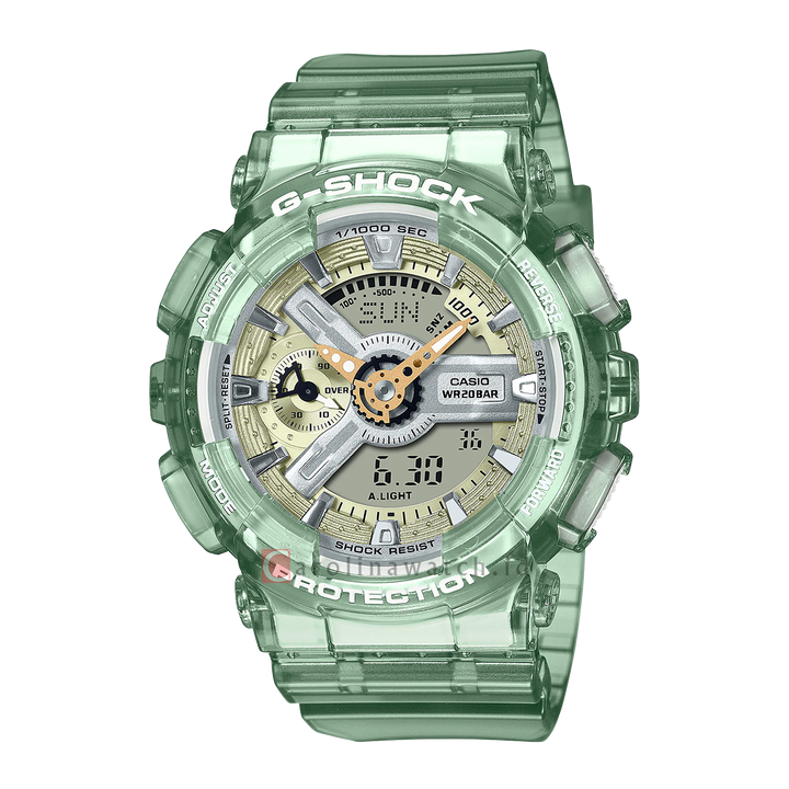 Jam Tangan Casio G-Shock GMA-S110GS-3A Women Silver Digital Analog Dial Transparent Green Resin Band