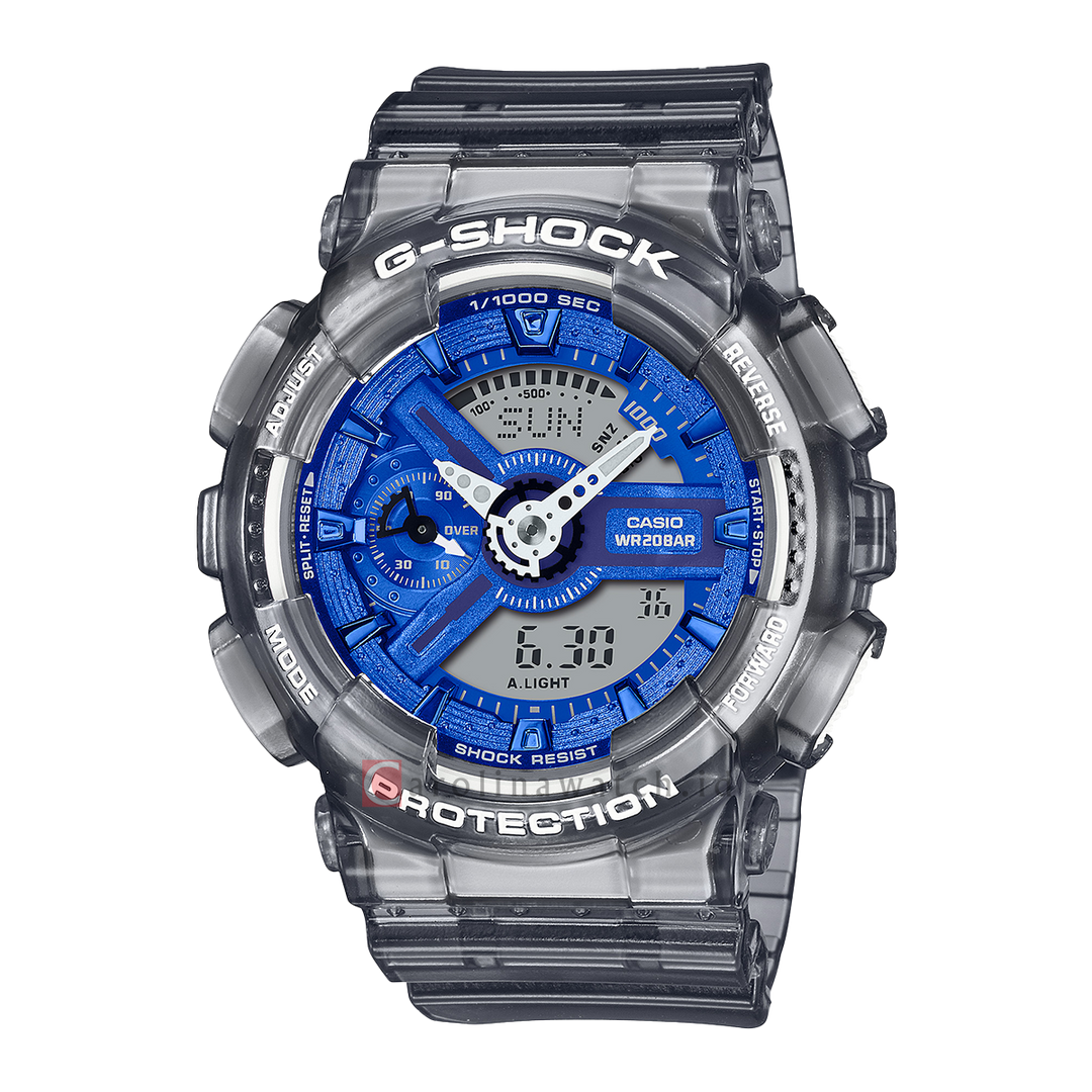 Jam Tangan CASIO G SHOCK GMA-S110TB-8A Women Translucent Gray with Metallic Blue Dial Grey Transparent Resin Band