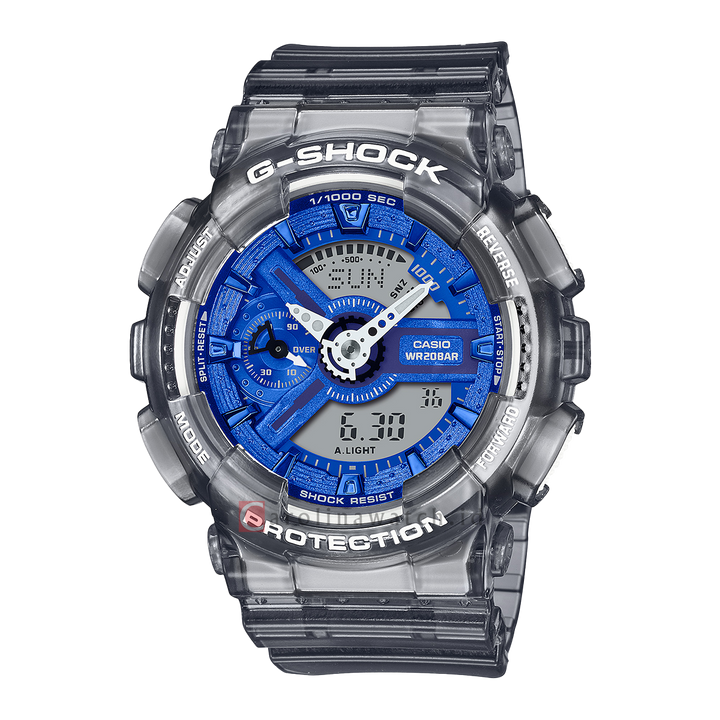 Jam Tangan CASIO G SHOCK GMA-S110TB-8A Women Translucent Gray with Metallic Blue Dial Grey Transparent Resin Band