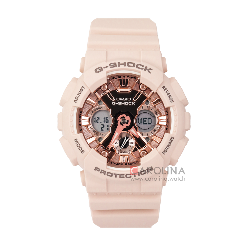 Jam Tangan CASIO G SHOCK GMA-S120MF-4A Women Rose Gold Digital Analog Dial Soft Pink Resin Band