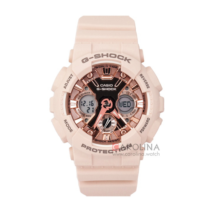 Jam Tangan CASIO G SHOCK GMA-S120MF-4A Women Rose Gold Digital Analog Dial Soft Pink Resin Band