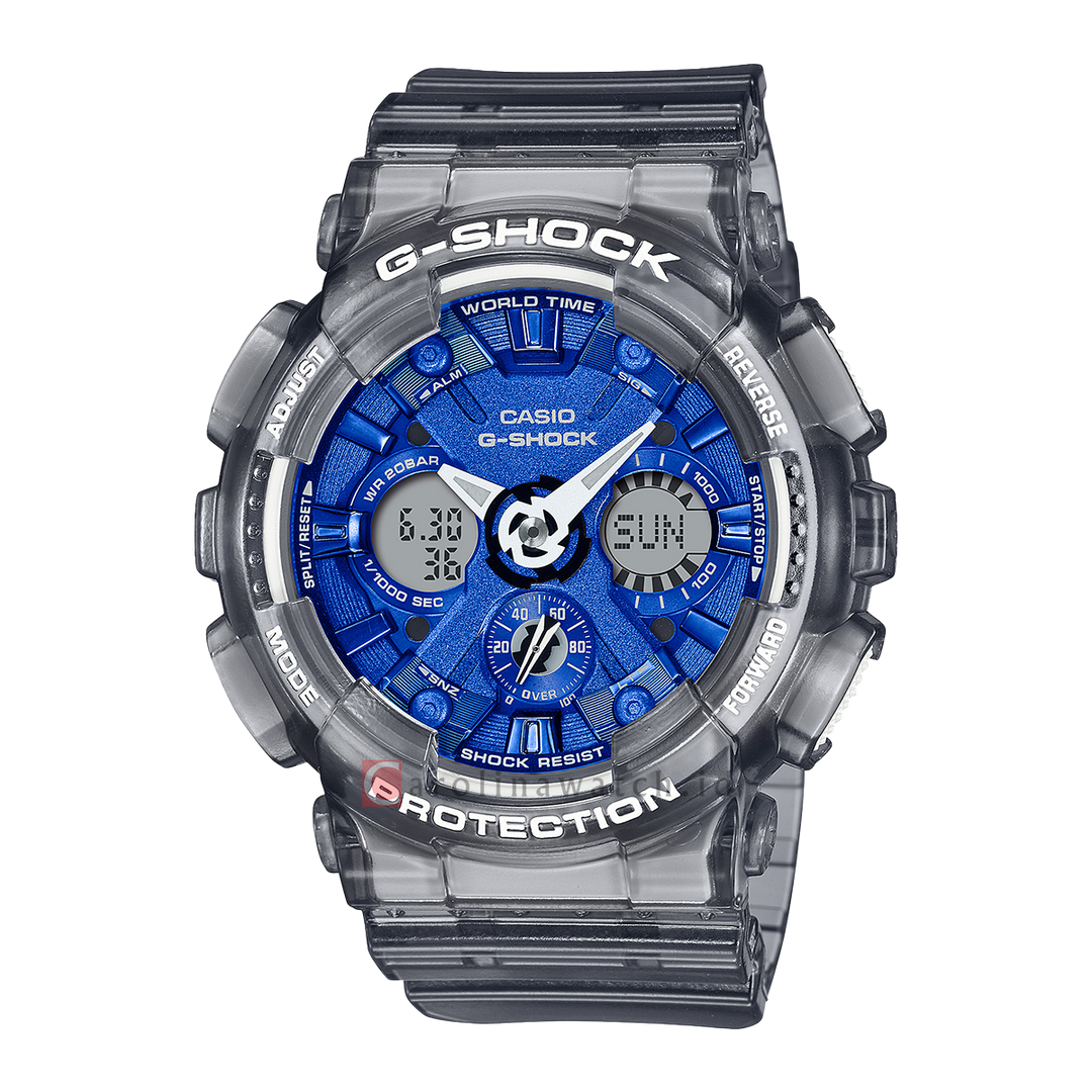 Jam Tangan CASIO G SHOCK GMA-S120TB-8A Women Blue Dial Black Transparent Resin Band