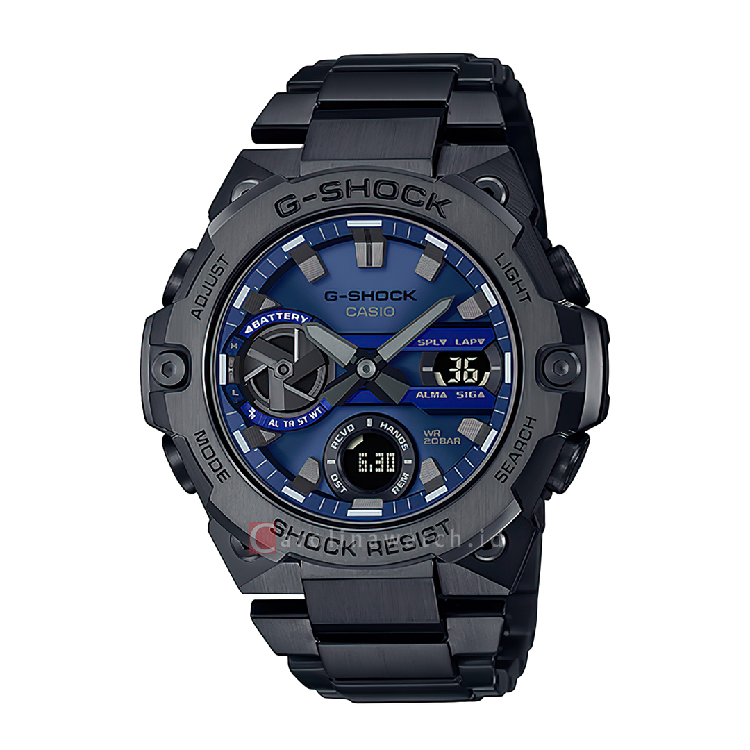 Jam Tangan CASIO G SHOCK GST-B400BD-1A2 Men Blue Digital Analog Dial Black Stainless Steel Band