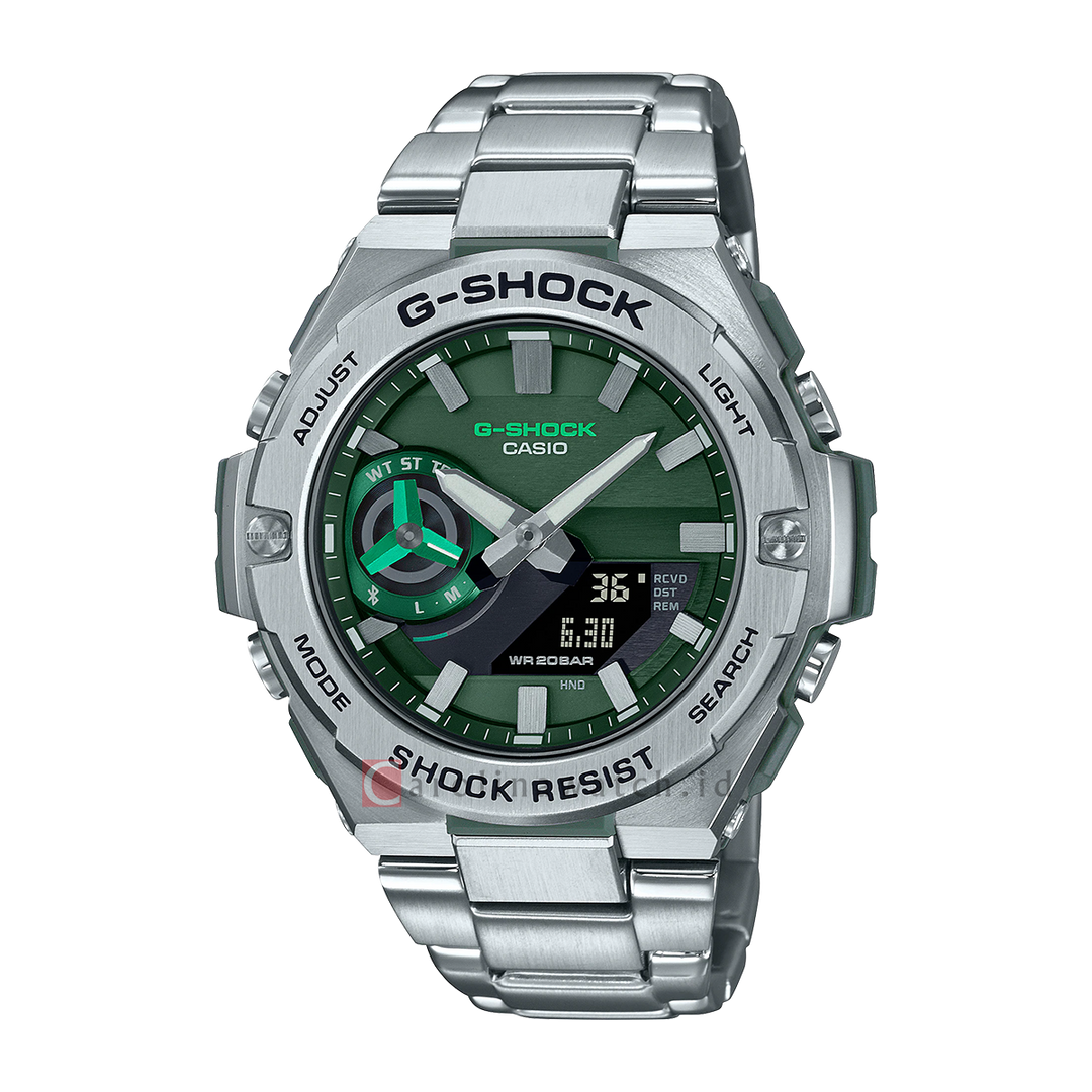 Jam Tangan CASIO G SHOCK GST-B500AD-3A Men Tough Solar Green Digital-Analog Dial Stainless Steel Strap