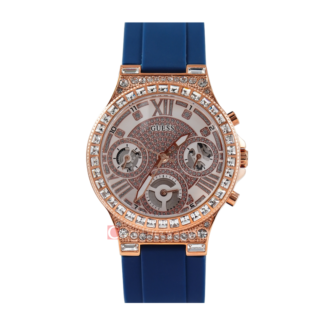 Jam Tangan GUESS Moonlight GW0257L3 Women Rose Gold Dial Blue Rubber Strap