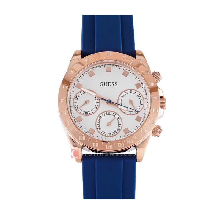 Jam Tangan GUESS Eclipse GW0315L2 Rose Gold Tone Case Sunray White Dial Blue Silicone Strap