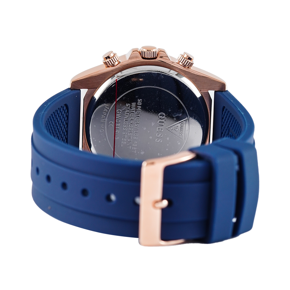 Jam Tangan GUESS Eclipse GW0315L2 Rose Gold Tone Case Sunray White Dial Blue Silicone Strap