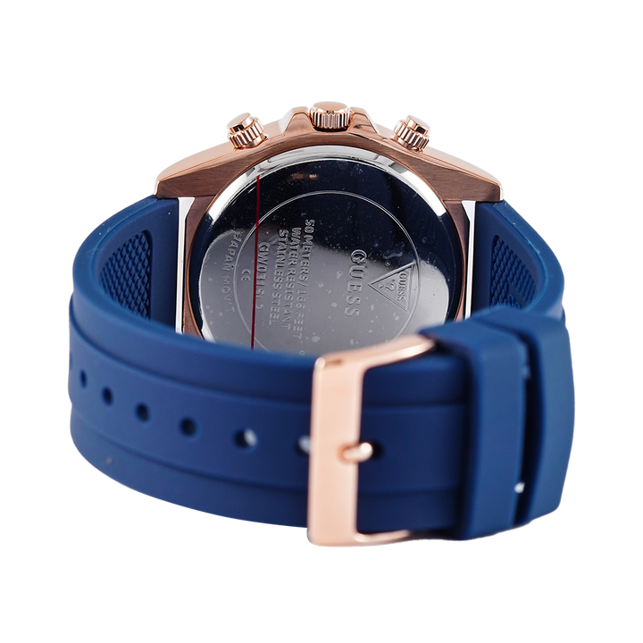Jam Tangan GUESS Eclipse GW0315L2 Rose Gold Tone Case Sunray White Dial Blue Silicone Strap