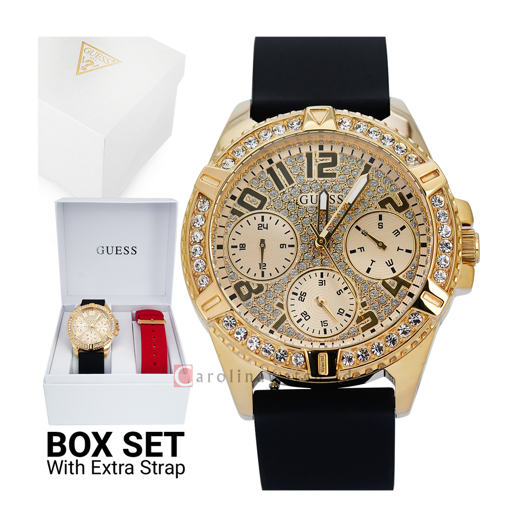 Jam Tangan GUESS Lady Frontier GW0349L1 Women Gold Dial Black Rubber Strap with Exclusive Box Set