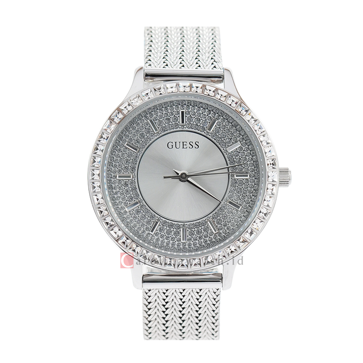 Jam Tangan GUESS Soiree GW0402L1 Women Silver With Crystals Dial Mesh Strap