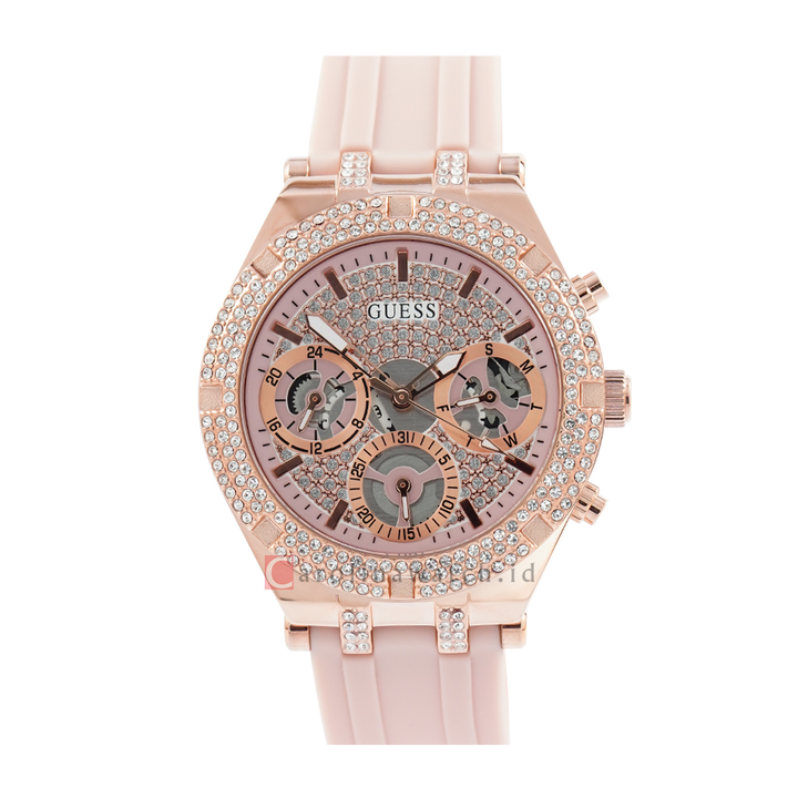 Jam Tangan GUESS Heiress GW0407L3 Women Rose Gold Glitz Dial Pink Silicone Strap