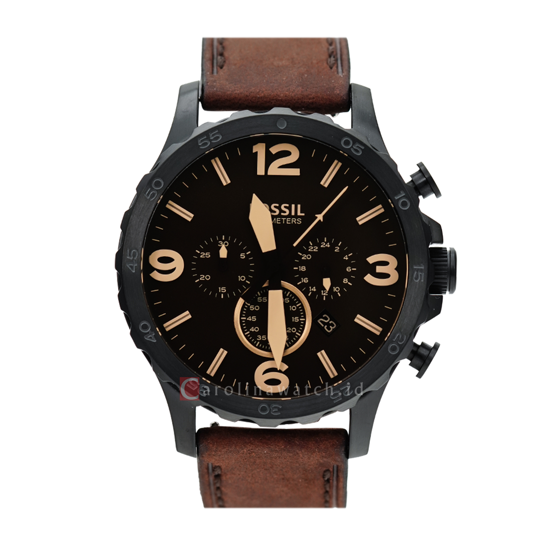 Jam Tangan Fossil Nate JR1487 Chronograph Men Black Dial Brown Leather Strap