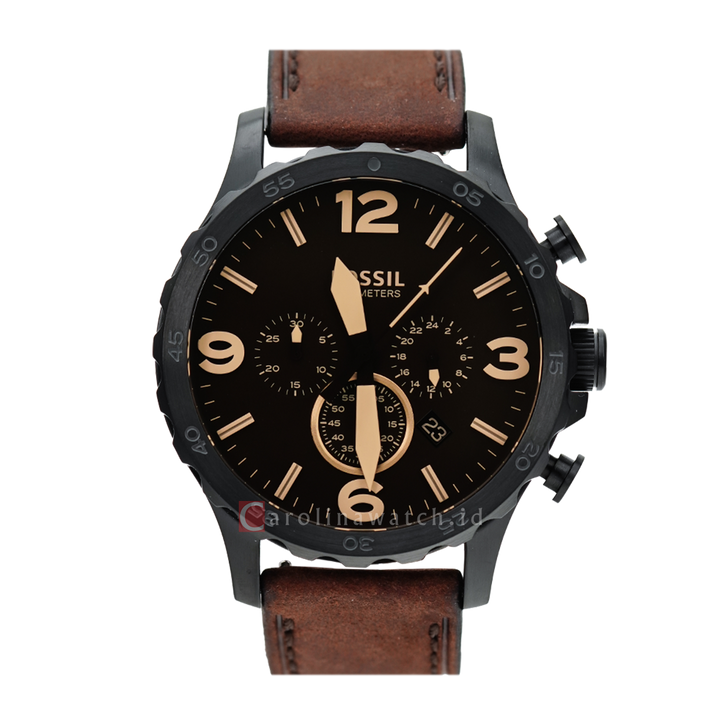 Jam Tangan Fossil Nate JR1487 Chronograph Men Black Dial Brown Leather Strap