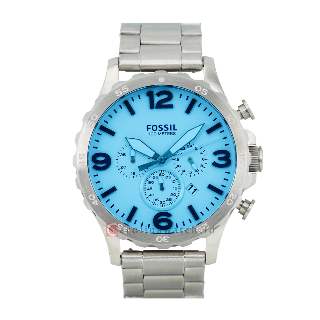 Jam Tangan Fossil Nate JR1509 Chronograph Men Crystal Blue Dial Stainless Steel Strap