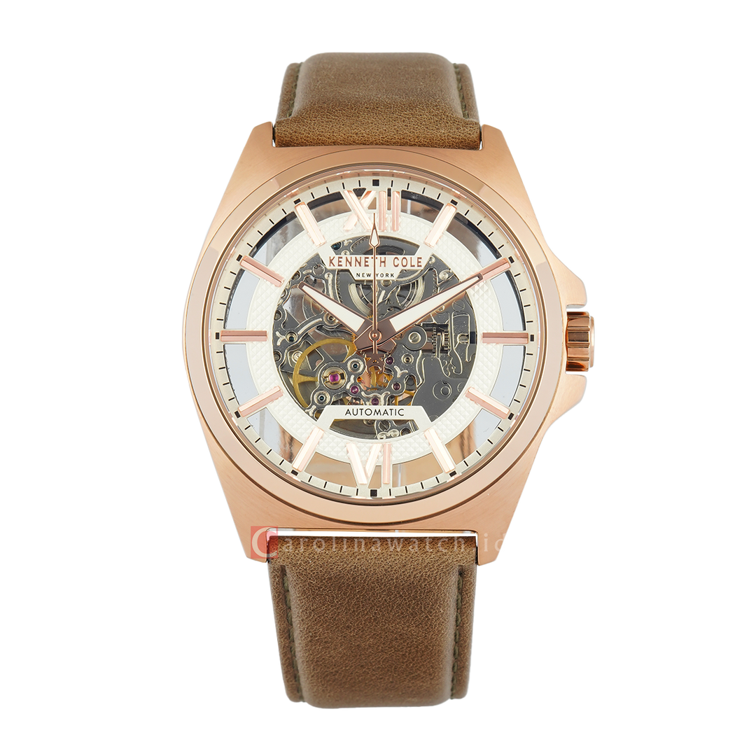 Jam Tangan Kenneth Cole Skeleton Automatic KCWGX0065101 Men Gold and Silver Dial Khaki Leather Strap