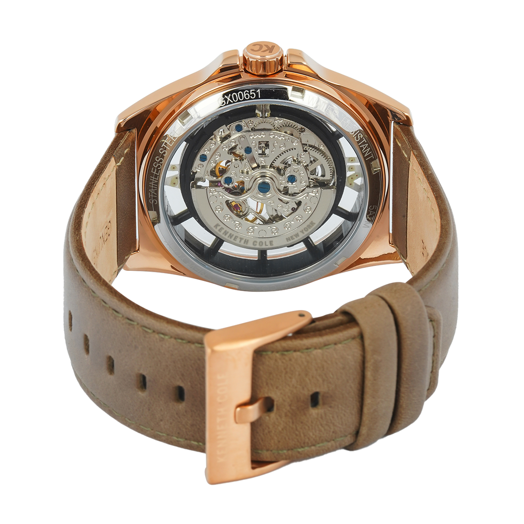 Jam Tangan Kenneth Cole Skeleton Automatic KCWGX0065101 Men Gold and Silver Dial Khaki Leather Strap