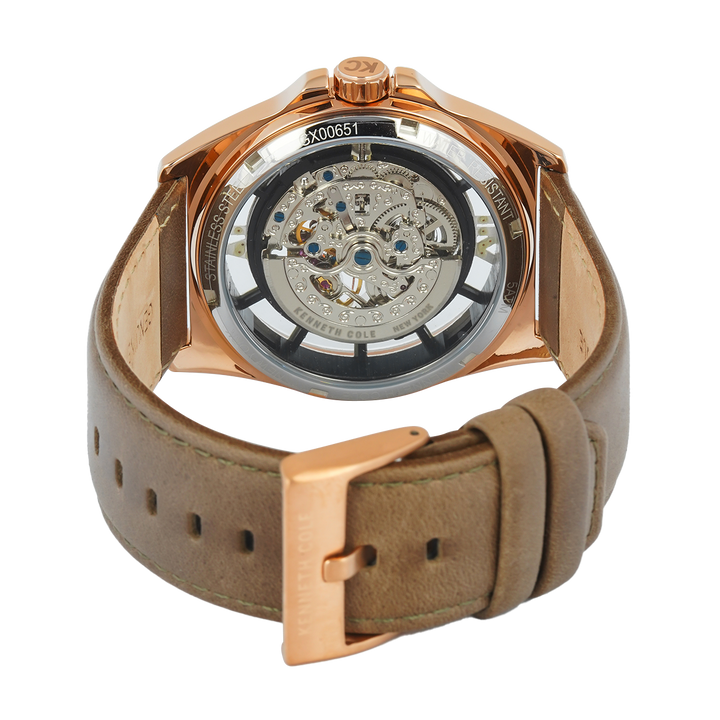 Jam Tangan Kenneth Cole Skeleton Automatic KCWGX0065101 Men Gold and Silver Dial Khaki Leather Strap