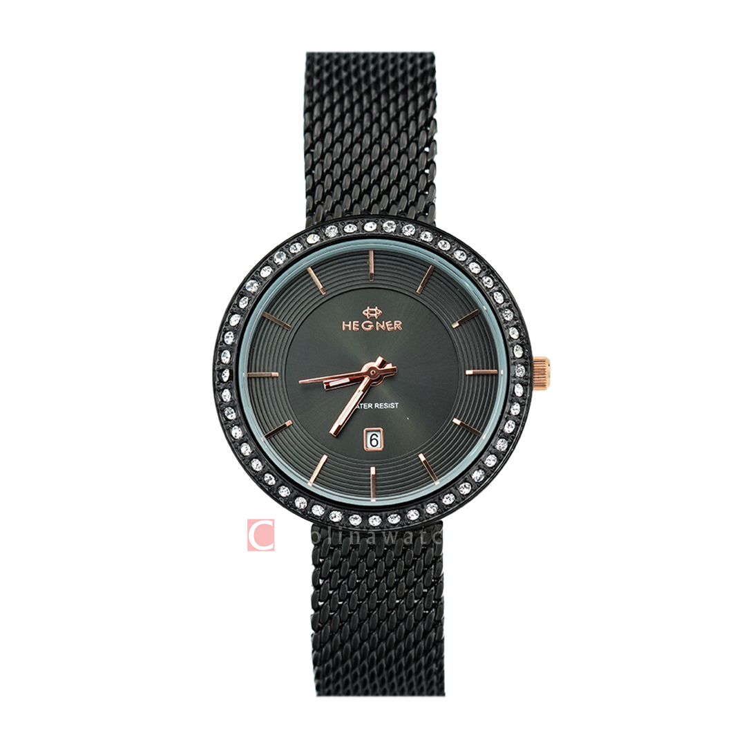 Jam Tangan Hegner L1647-1IPBARG Women Black Dial Black Stainless Steel Strap