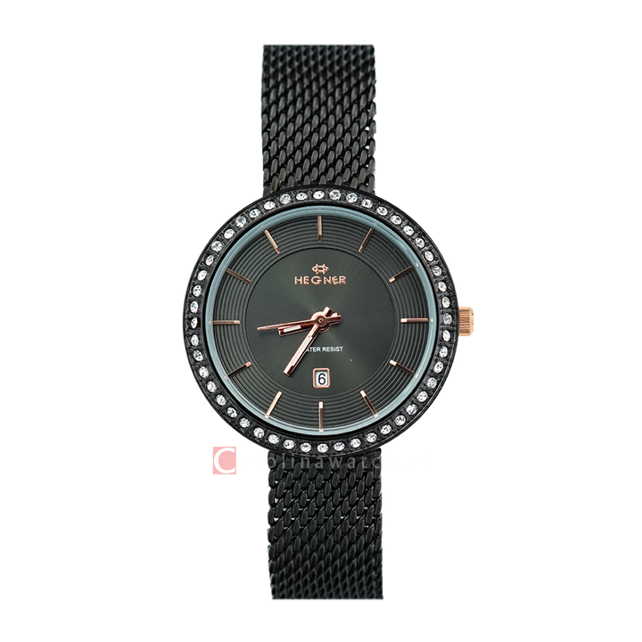 Jam Tangan Hegner L1647-1IPBARG Women Black Dial Black Stainless Steel Strap
