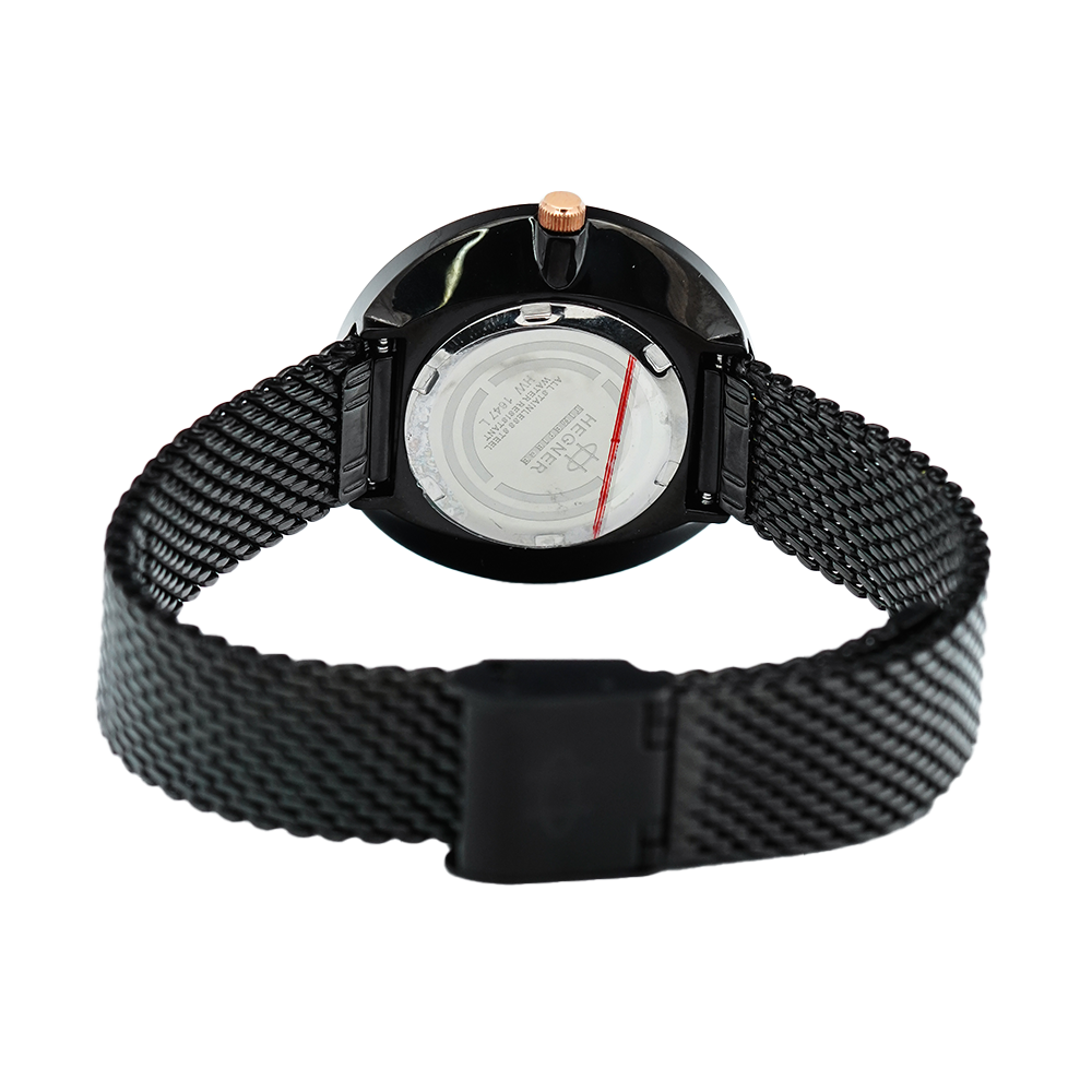 Jam Tangan Hegner L1647-1IPBARG Women Black Dial Black Stainless Steel Strap