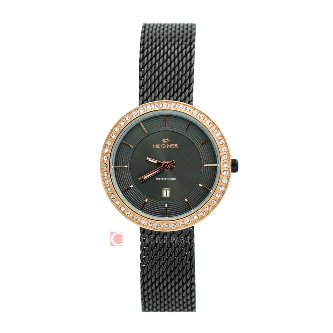 Jam Tangan Hegner L1647-1RGBA Women Black Dial Black Stainless Steel Strap